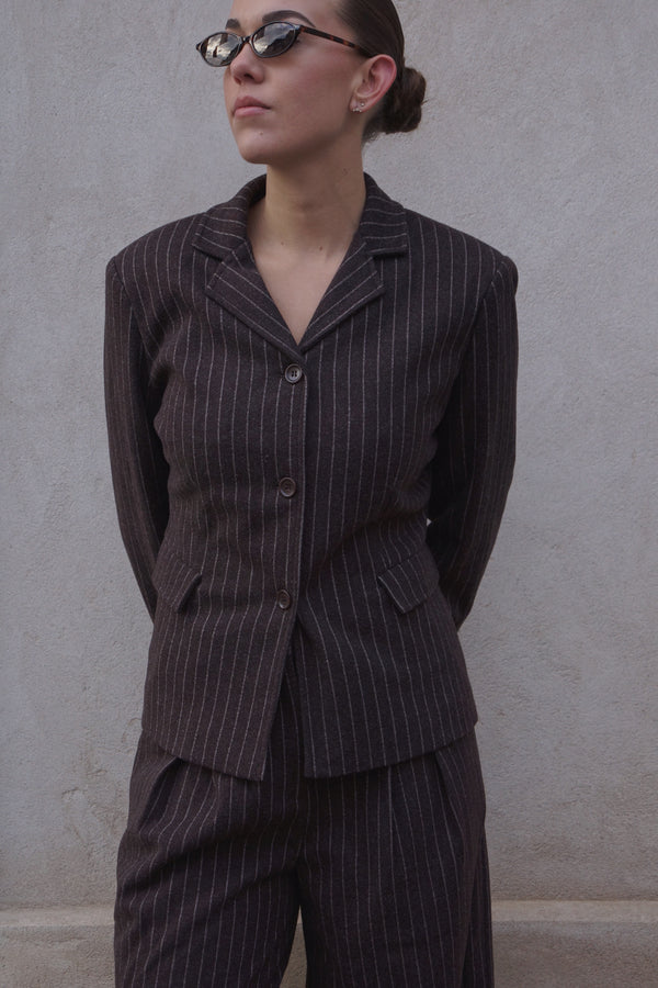 Stribet figurformet blazer - Brun/beige